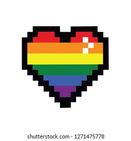 Vector rainbow 8 bit pixel art style heart. LGBT community symbol. Gay pride concept