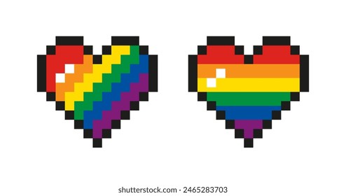 Vector arco iris 8 bits pixel art style corazón. Símbolo de la comunidad LGBT. Icono del orgullo. Orgullo Gay y diseño de insignia y pegatina del arco iris LGBT. Ilustración vectorial