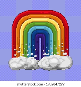 Vector rainbow in 8-bit pixel style. Multi-colored rainbow on the clouds in the sky on a purple background. An old-style element for a video game or mobile application. Sweet and beautiful image.