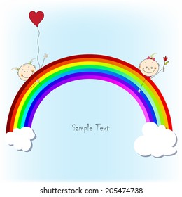Vector Rainbow Background Design with Happy Funny Waving Babies