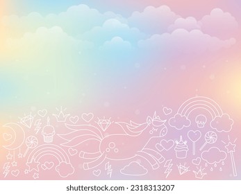 Vector rainbow background with ponies. Unicorn, rainbow, crown, magic wand. Background with clouds for a girl.