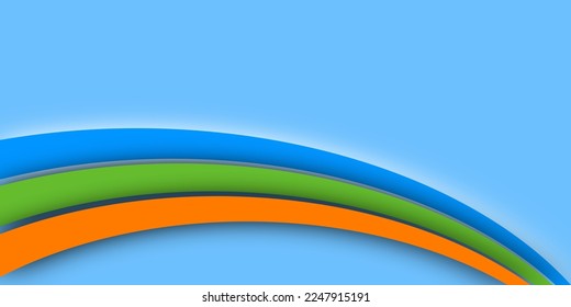 Cartel de diseño de corte de papel azul y arco iris vectorial   fondo del fondo de pantalla de presentación de folletos. La arquitectura de la línea azul verde claro de la línea de color naranja muestra rayas de forma sobre fondo azul.