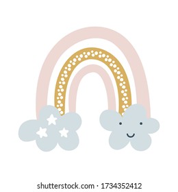 Vector rainbow in cartoon scandinavian style isolated on white background for kids. Cute illustration in hand drawn style for posters, prints, cards, fabric, children books, interior design.