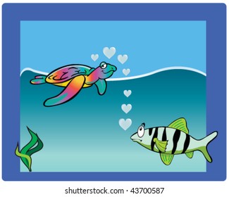 vector rainbow cartoon turtle and striped fish in love