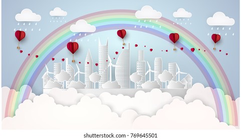 Vector Rainbow City floats in the sky, there is rainbow and clouds, and full of joy and love.paper art graphic design