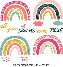 Vector rainbow clip art. Scandinavian rainbow collection. All your dreams come true. Print, poster, illustration.