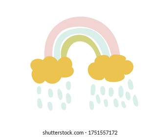 Vector rainbow with clouds and rain in cartoon scandinavian style isolated on white background for kids. Cute illustration in hand drawn style for posters, prints, cards, fabric, children books