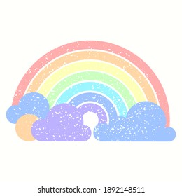 Vector rainbow, clouds, and sun isolated on the white background. Cute pastel colors. Poster or greeting card design template.