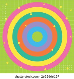 Vector rainbow color circles background. Summer theme pattern. Bright colorful beautiful geometric pattern. Notebook checkered. Modern kids wallpaper. Pool party event. Abstract triangles yellow dots