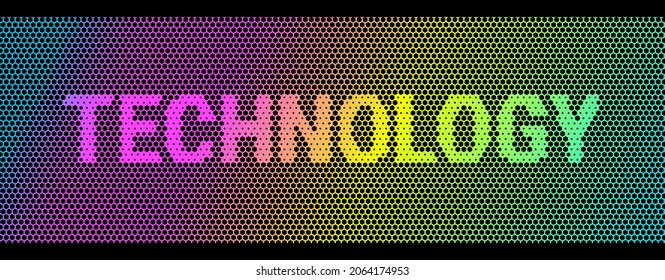 Fondo decorativo de color arco iris vectorial con patrón hexagonal y tecnología de palabra. Ilustración abstracta de pancartas, afiches e impresiones