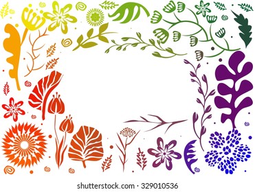 Vector rainbow color frame design made of flowers. Floral card with copy space