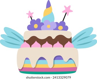 Vector rainbow colored cake with unicorn horn, stars and wings. Fairytale themed birthday dessert. Cute magic candy bar design element. Sweet bakery icon
