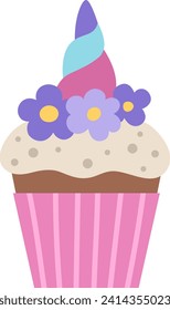 Vector rainbow colored cup cake with unicorn horn and flowers. Fairytale themed birthday dessert. Cute magic candy bar design element. Sweet cupcake icon
