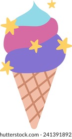 Vector rainbow colored ice-cream cone with unicorn stars. Fairytale themed birthday or summer dessert. Cute magic candy bar design element. Sweet ice icon
