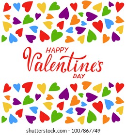 Vector rainbow colors hearts with Happy Valentine's Day text. Vector Romantic illustration for Valentines day. LGBT Valentine's Day card of gays, lesbians, bisexual and transgender people.