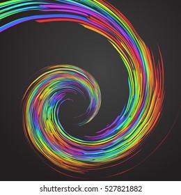 Vector. Rainbow colourful swirl on dark background.