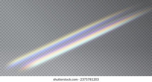 Vektorgrafik-Kristallleuchten png. Regenbogen-Komet. Lichteffekt einer Diamantenexplosion mit Brille. Unscharfer Effekt mit schwebenden, zarten Funkeln und Glas. Starkender Plasmaeffekt.