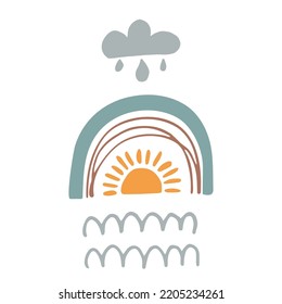 Ilustración del doodle vectorial arco iris para el diseño. Elemento celeste aislado sobre fondo blanco