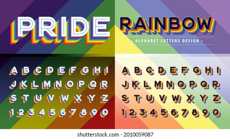 Vector of Rainbow flag colors Alphabet Letters and numbers, Retro Colorful stylized fonts, 3d Alphabet with shadow font, Pride Rainbow shadow Letters set for Festival, LGBT Party, Fun Fair 