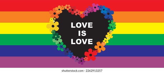 Bandera del arco iris vectorial de la comunidad lgbt. Símbolo LGBT en 
colores arcoiris. Corazón en forma de flores,
con elementos de orgullo. Inscripción El amor es amor.