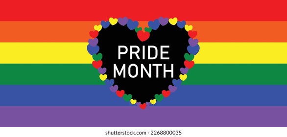 Vector rainbow flag of the lgbt community. LGBT symbol in rainbow colors. Heart shaped made of hearts, with elements of pride. Inscription Pride Month