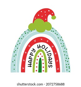 Christmas  vector rainbow with garland. Christmas santa hat. Winter pattern on it. Xmas holiday decor. Rainbow for children`s party. Doodle cartoon style. Isolated on white background. 