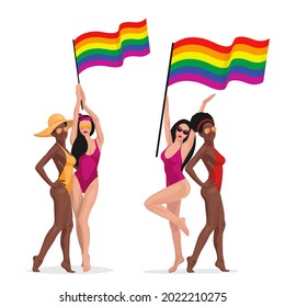 Vector rainbow gay LGBT rights icons and symbols. Homosexual woman love and flag illustration.