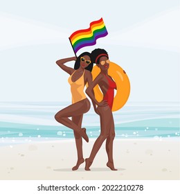 Vector rainbow gay LGBT rights icons and symbols. Homosexual woman love and flag illustration on the beach by sea