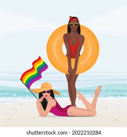 Vector rainbow gay LGBT rights icons and symbols. Homosexual woman love and flag illustration on the beach by sea.