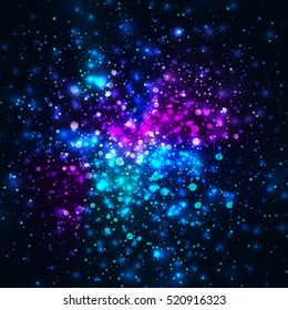 Vector rainbow glowing light glitter background. Galaxy magic lights background. Star burst with sparkles on black background
