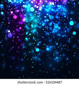 Vector rainbow glowing light glitter background. Galaxy magic lights background. Star burst with sparkles on black background.