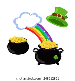 vector rainbow with green hat, shamrock, pot with gold for St. Patrick's day