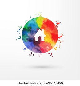 Vector rainbow grungy watercolor home icon inside circle with paint stains and blots, painting of house