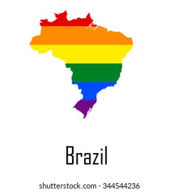 Vector rainbow map of Brazil in colors of LGBT (lesbian, gay, bisexual, and transgender) pride flag.