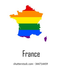 Vector rainbow map of France in colors of LGBT (lesbian, gay, bisexual, and transgender) pride flag.