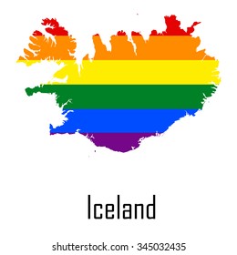 Vector rainbow map of Iceland in colors of LGBT (lesbian, gay, bisexual, and transgender) pride flag.