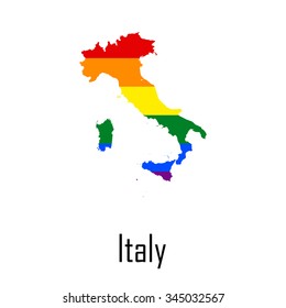 Vector rainbow map of Italy in colors of LGBT (lesbian, gay, bisexual, and transgender) pride flag.