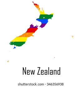 Vector rainbow map of New Zealand in colors of LGBT - lesbian, gay, bisexual, and transgender - pride flag. In eps format.