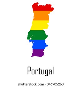 Vector rainbow map of Portugal in colors of LGBT - lesbian, gay, bisexual, and transgender - pride flag. In eps format.