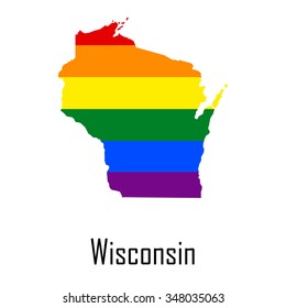 Vector rainbow map of Wisconsin in colors of LGBT - lesbian, gay, bisexual, and transgender - pride flag. In eps format.