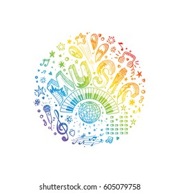 Vector Rainbow Music inscription. Hand drawn doodle Musical Symbol. Word Music