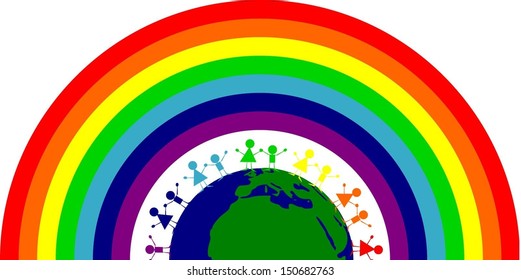 Vector Rainbow over Earth with children around it.