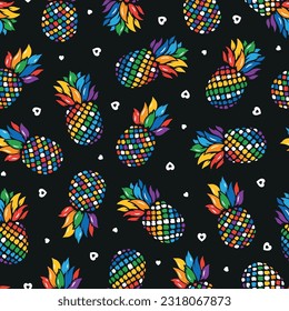 Vector Rainbow Pineapple and Hearts Seamless pattern. Colorful Fruit Background.