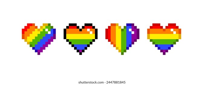 Vector Rainbow Pixel Heart icon collection. LGBTQ community heart symbols and signs in retro 8-bit game style. Gay Pride and LGBT rainvow badge and sticker design