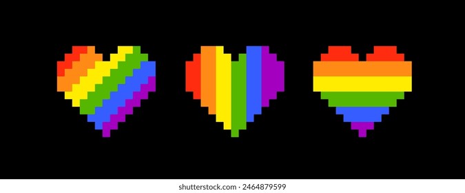 Vector Rainbow Pixel Heart LGBTQ community heart symbols and signs in retro 8-bit game style. Gay Pride and LGBT rainvow badge and sticker design