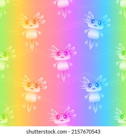 Vektor-Regenbogen Nahtloses Muster. Cute Cartoon Glossy Schwimmen Axolotl. Streifen Wavy Textur. Farbiger Hintergrund.