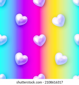 Vector Rainbow Seamless Pattern with Glossy Pearl Hearts. Vivid Abstract Texture for Valentines Day.