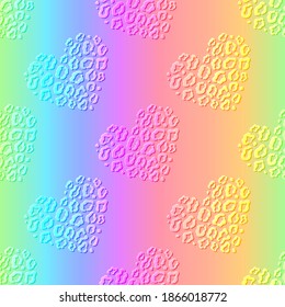 Vector Rainbow Seamless Pattern. Iridescent Hearts with Leopard Print. Abstract Romantic Texture.