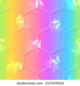 Vector Rainbow Seamless Pattern. Transparent Glossy Bees on Abstract Honeycomb. Grunge Stains. Colorful Wallpaper Design.