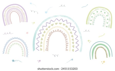 Vector rainbow set for background with childish illustrative elements in soft pastel colors